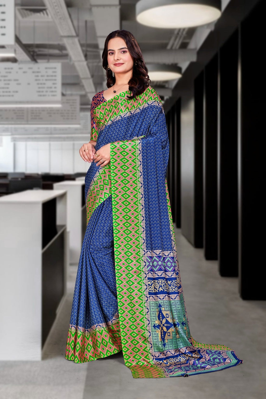 Blue Crepe Workplace Uniform Saree - FeministaCrepe