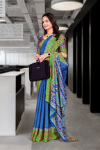 Blue Crepe Workplace Uniform Saree - FeministaCrepe