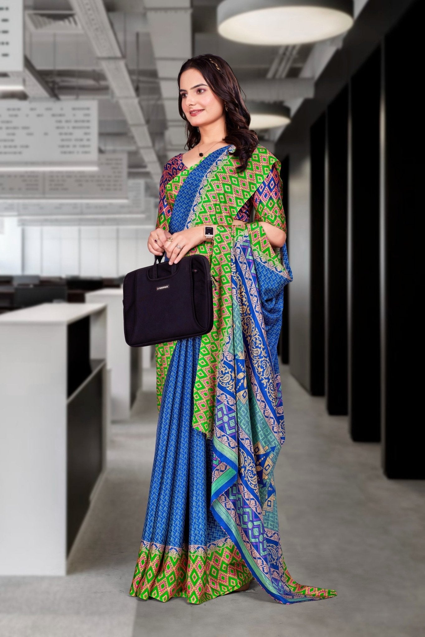Blue Crepe Workplace Uniform Saree - FeministaCrepe