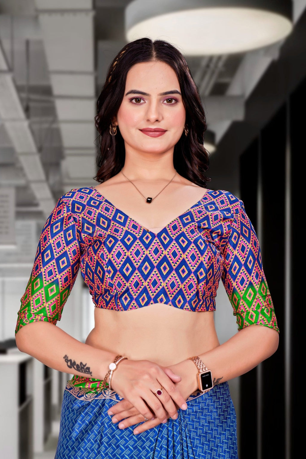 Blue Crepe Workplace Uniform Saree - FeministaCrepe