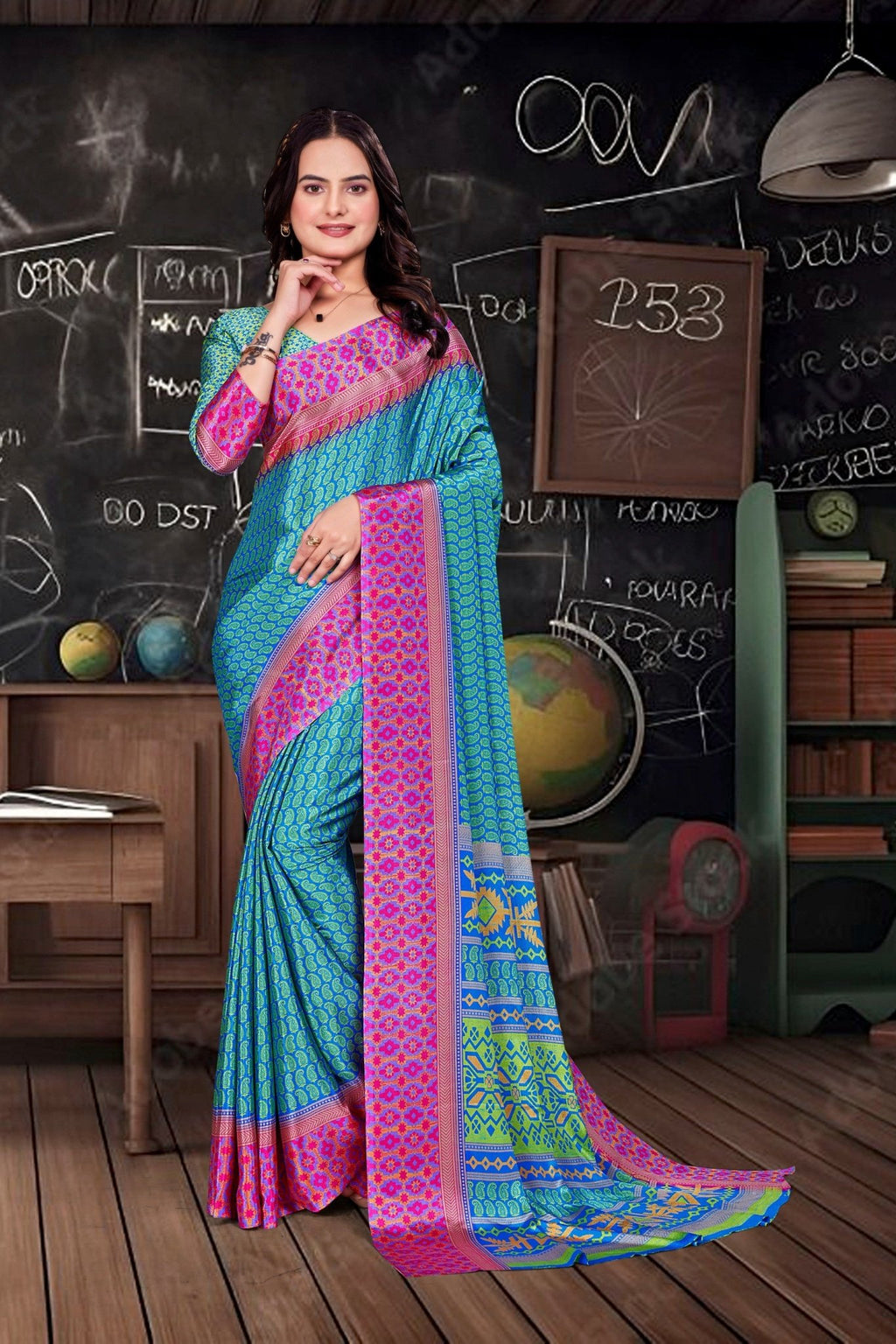 Blue Crepe Workplace Uniform Saree - FeministaCrepe