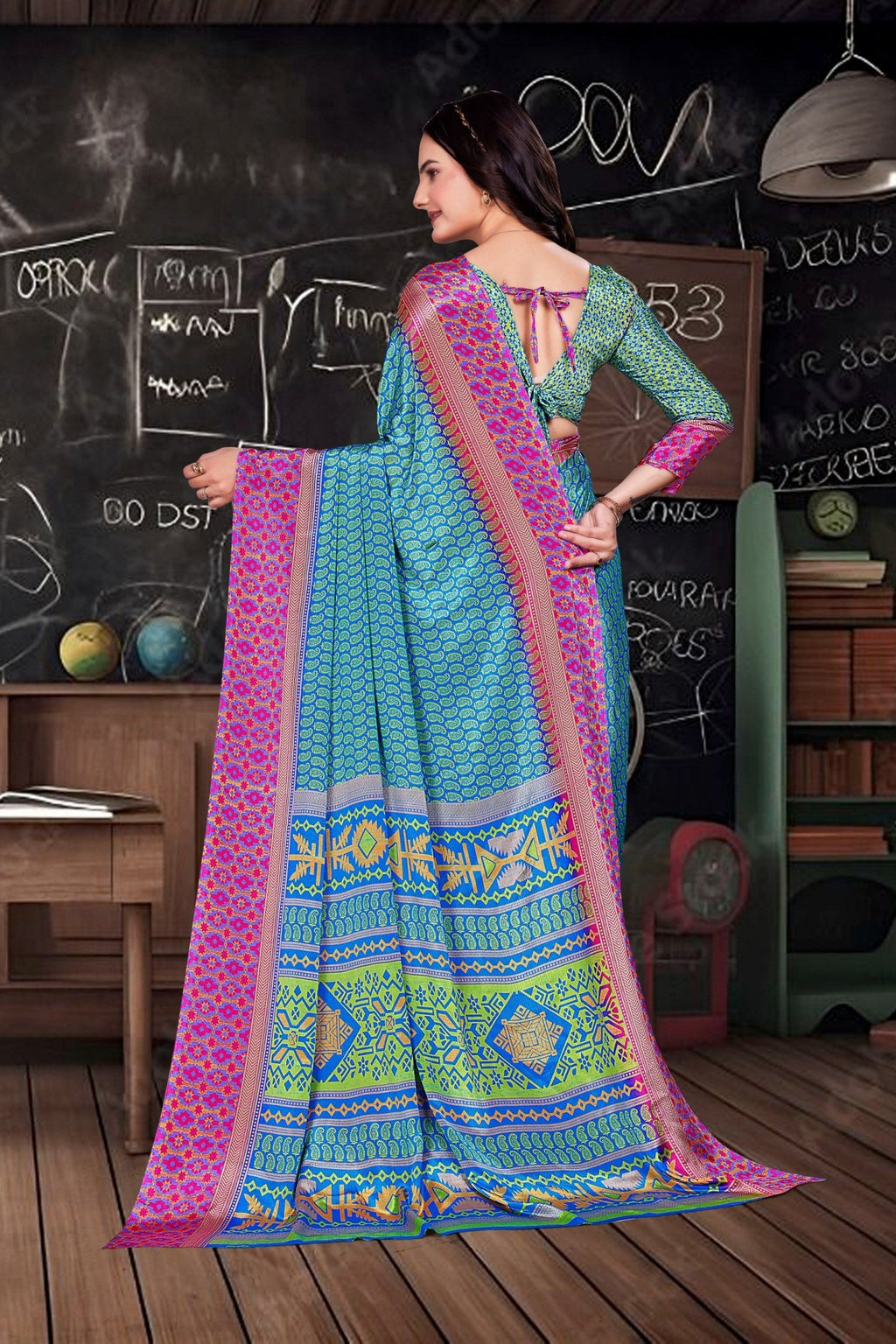 Blue Crepe Workplace Uniform Saree - FeministaCrepe