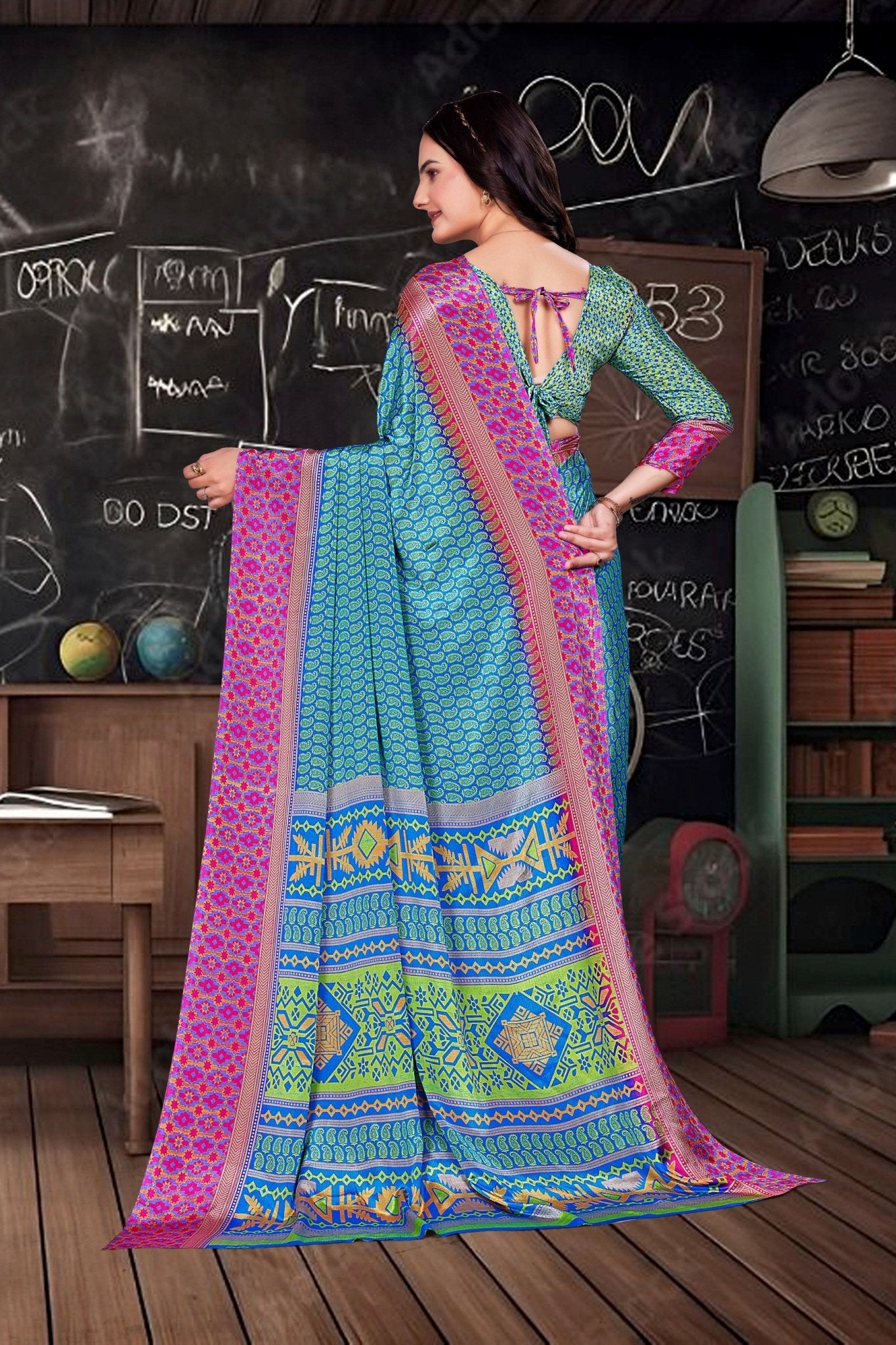 Blue Crepe Workplace Uniform Saree - FeministaCrepe