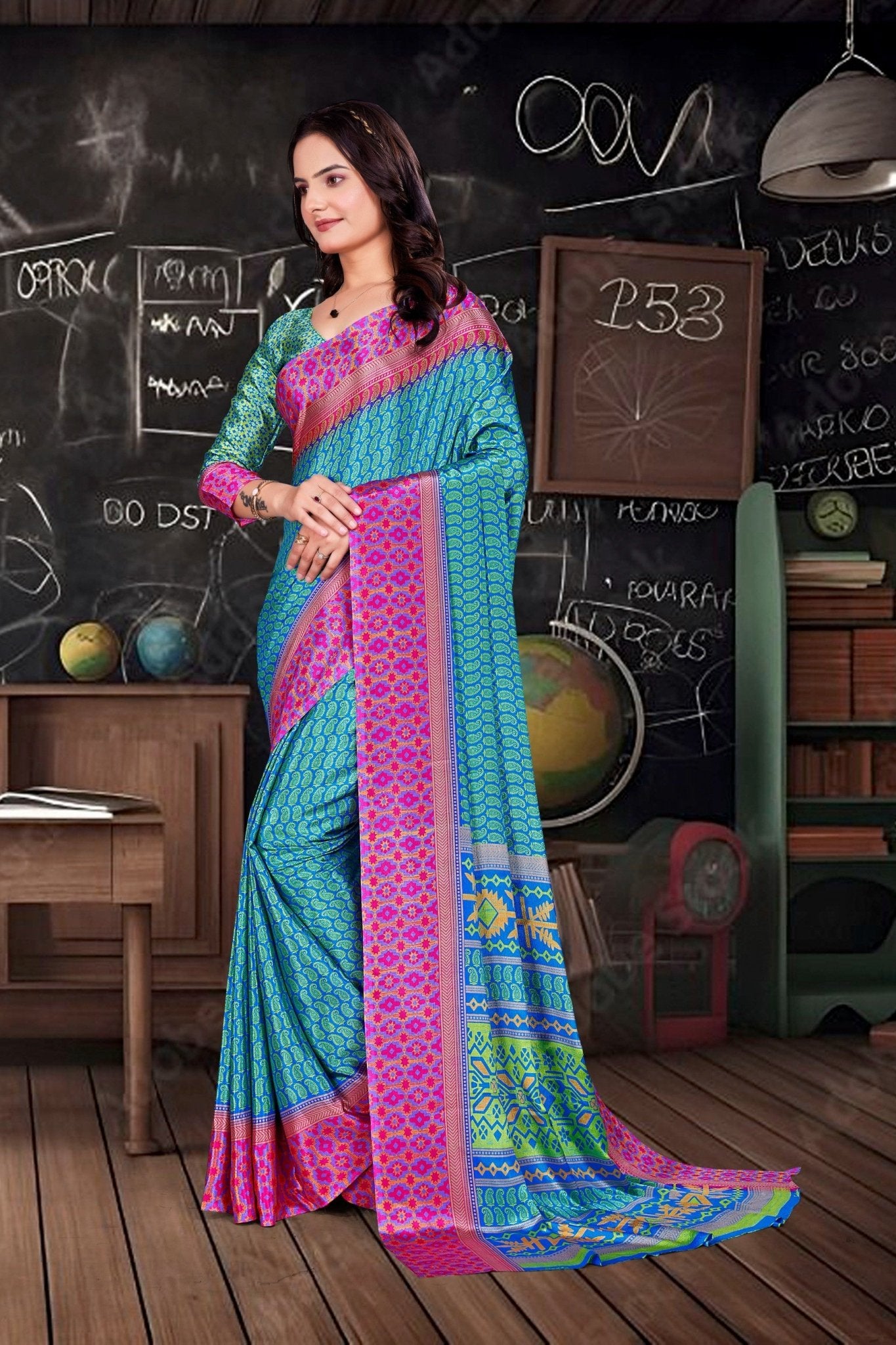 Blue Crepe Workplace Uniform Saree - FeministaCrepe