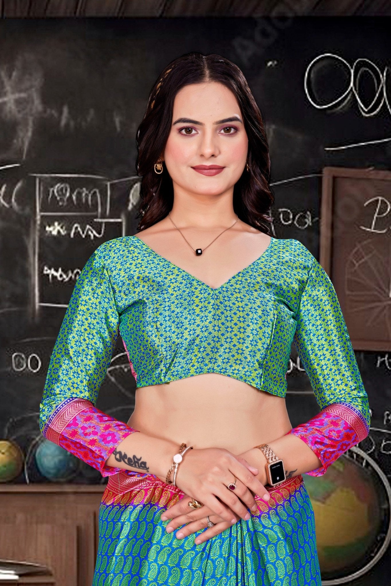 Blue Crepe Workplace Uniform Saree - FeministaCrepe