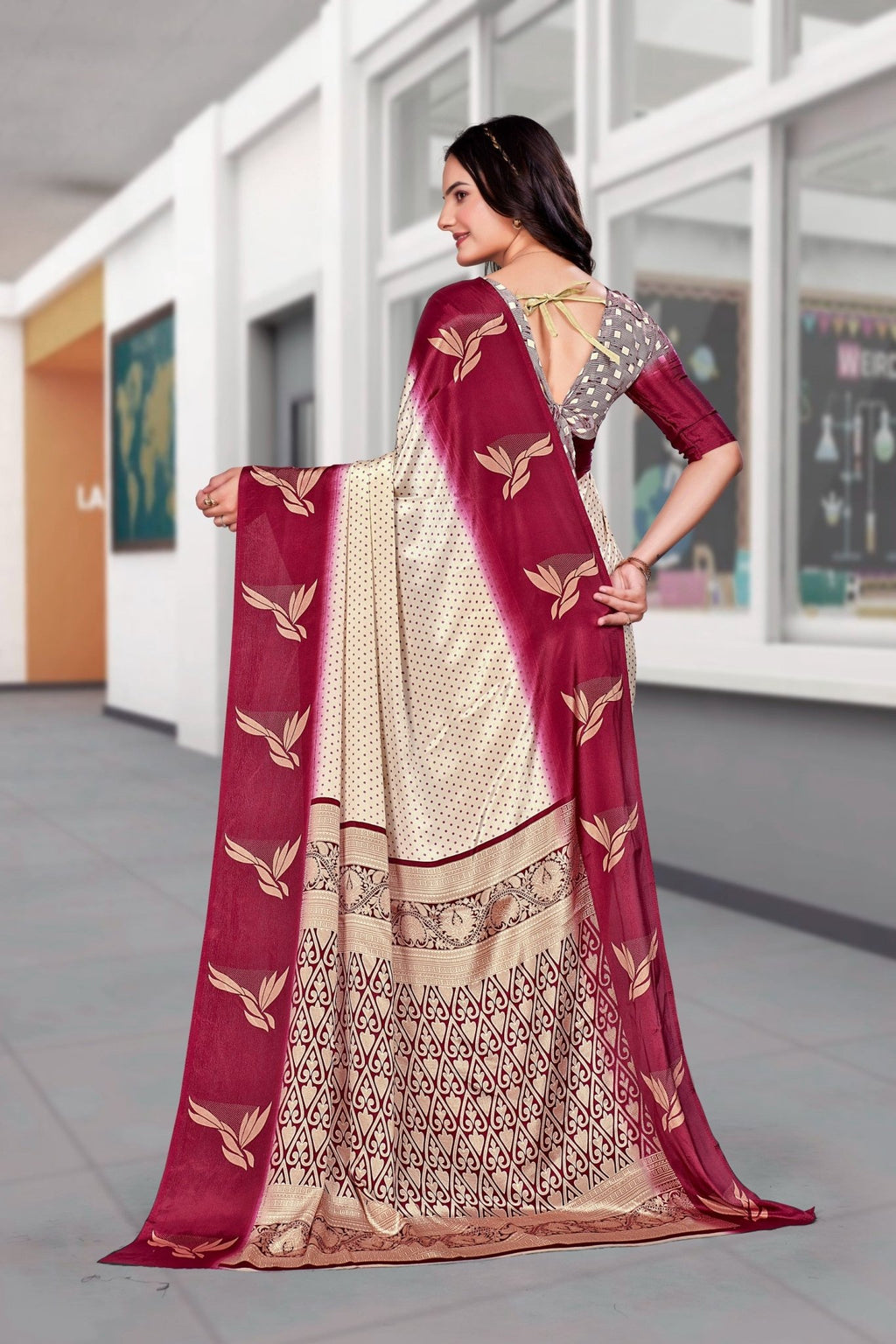 Cream Crepe Workplace Uniform Saree - FeministaCrepe