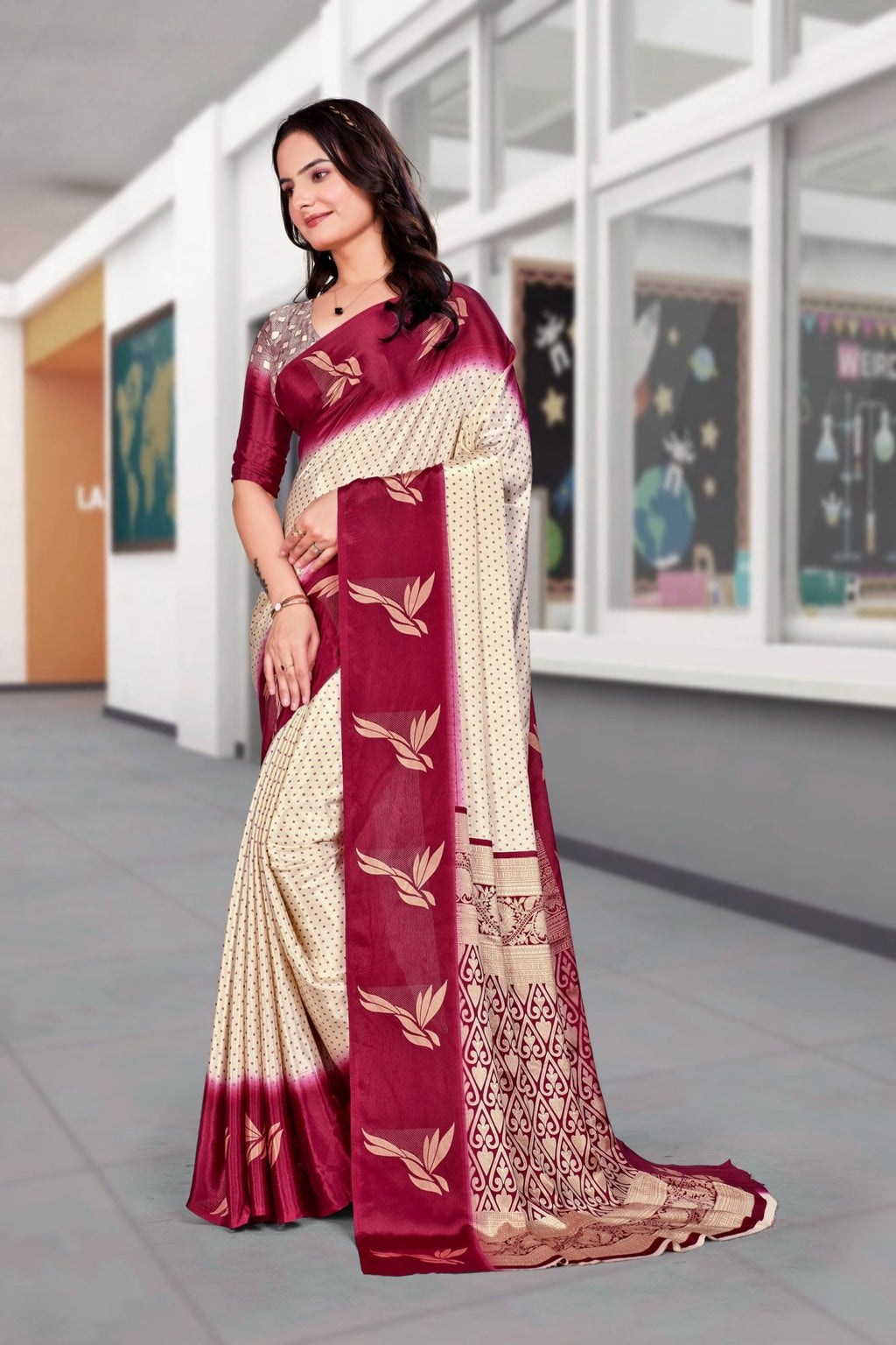 Cream Crepe Workplace Uniform Saree - FeministaCrepe