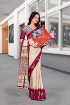Cream Crepe Workplace Uniform Saree - FeministaCrepe