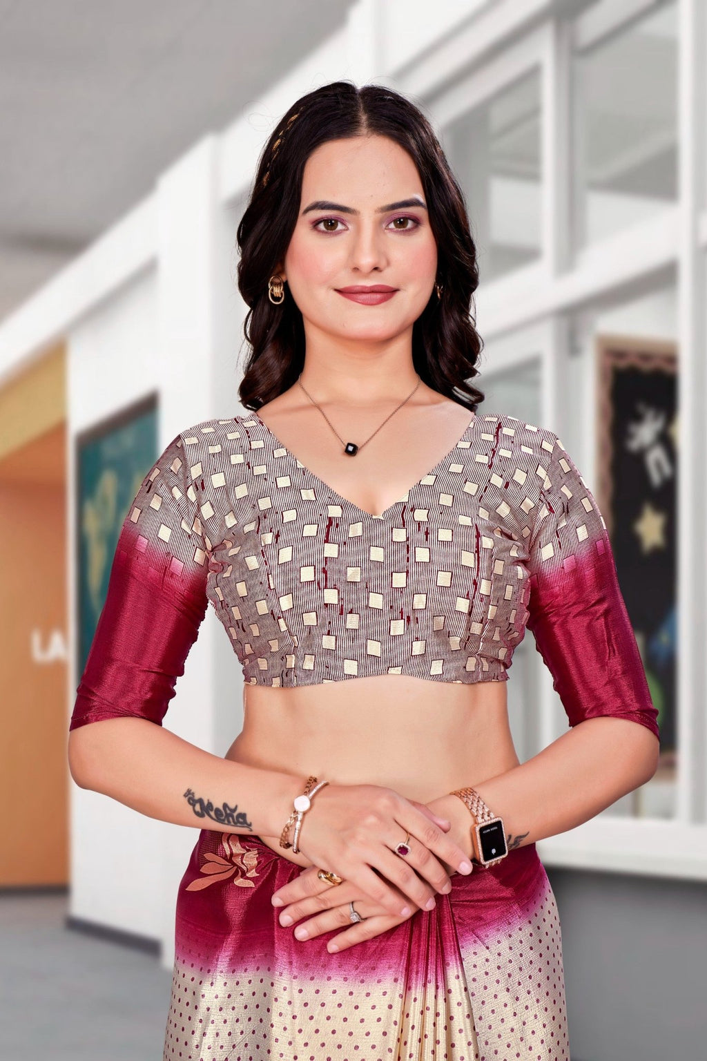 Cream Crepe Workplace Uniform Saree - FeministaCrepe