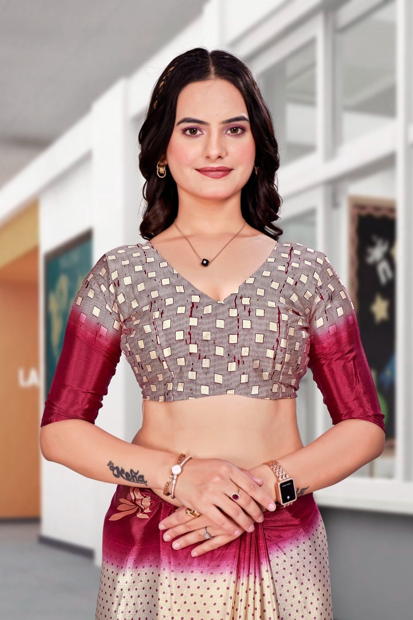 Cream Crepe Workplace Uniform Saree - FeministaCrepe