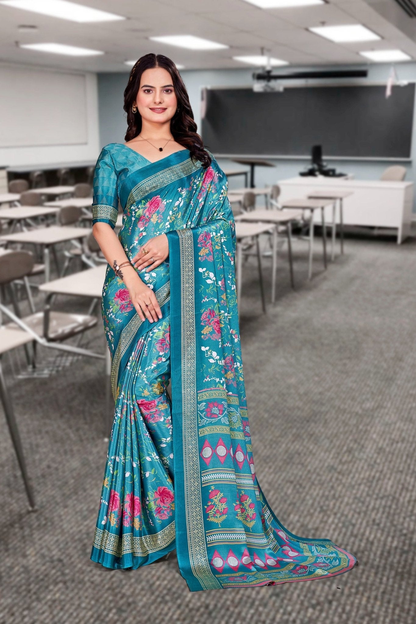 Blue Crepe Professional Office Saree - FeministaCrepe