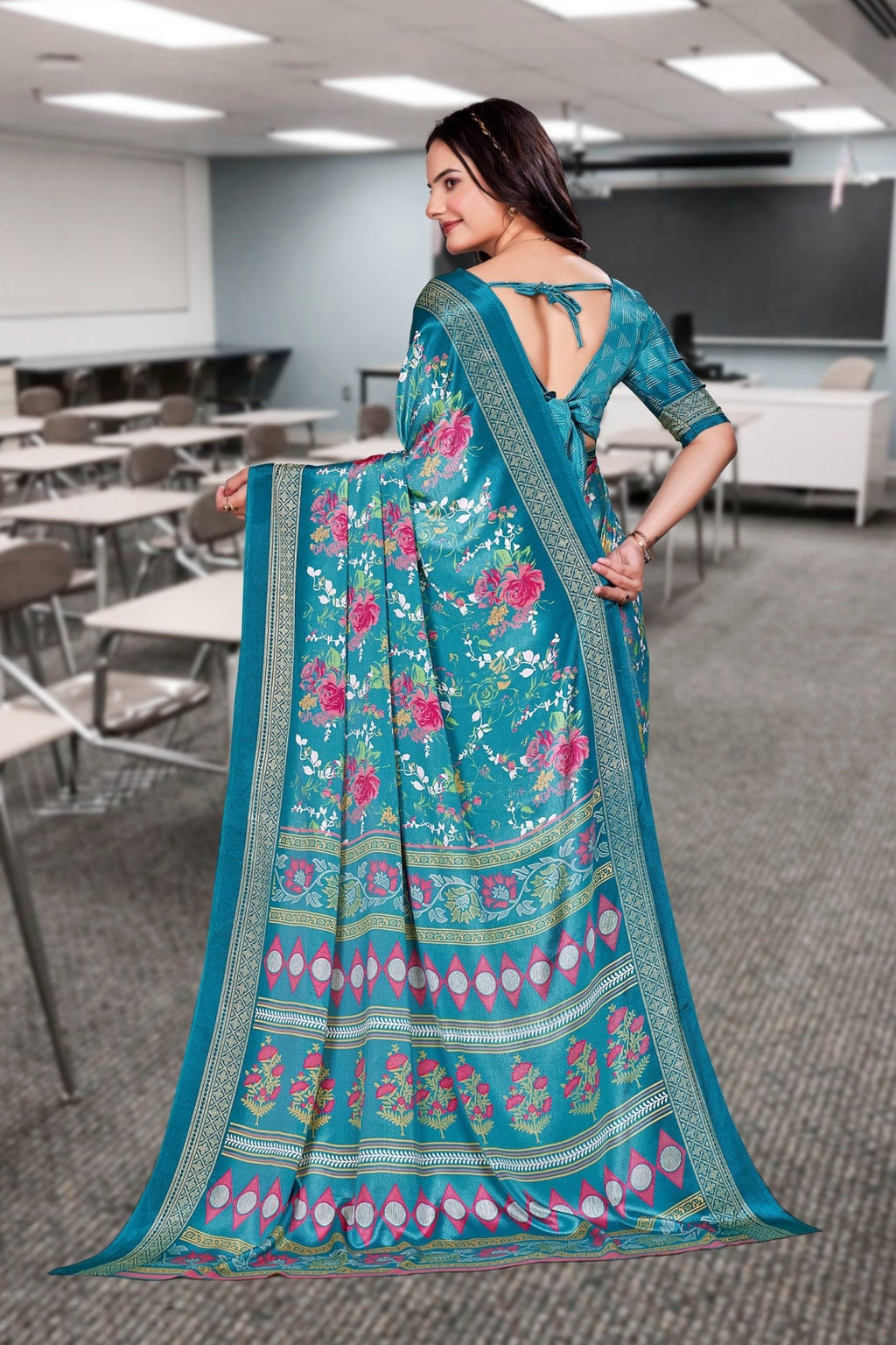 Blue Crepe Professional Office Saree - FeministaCrepe