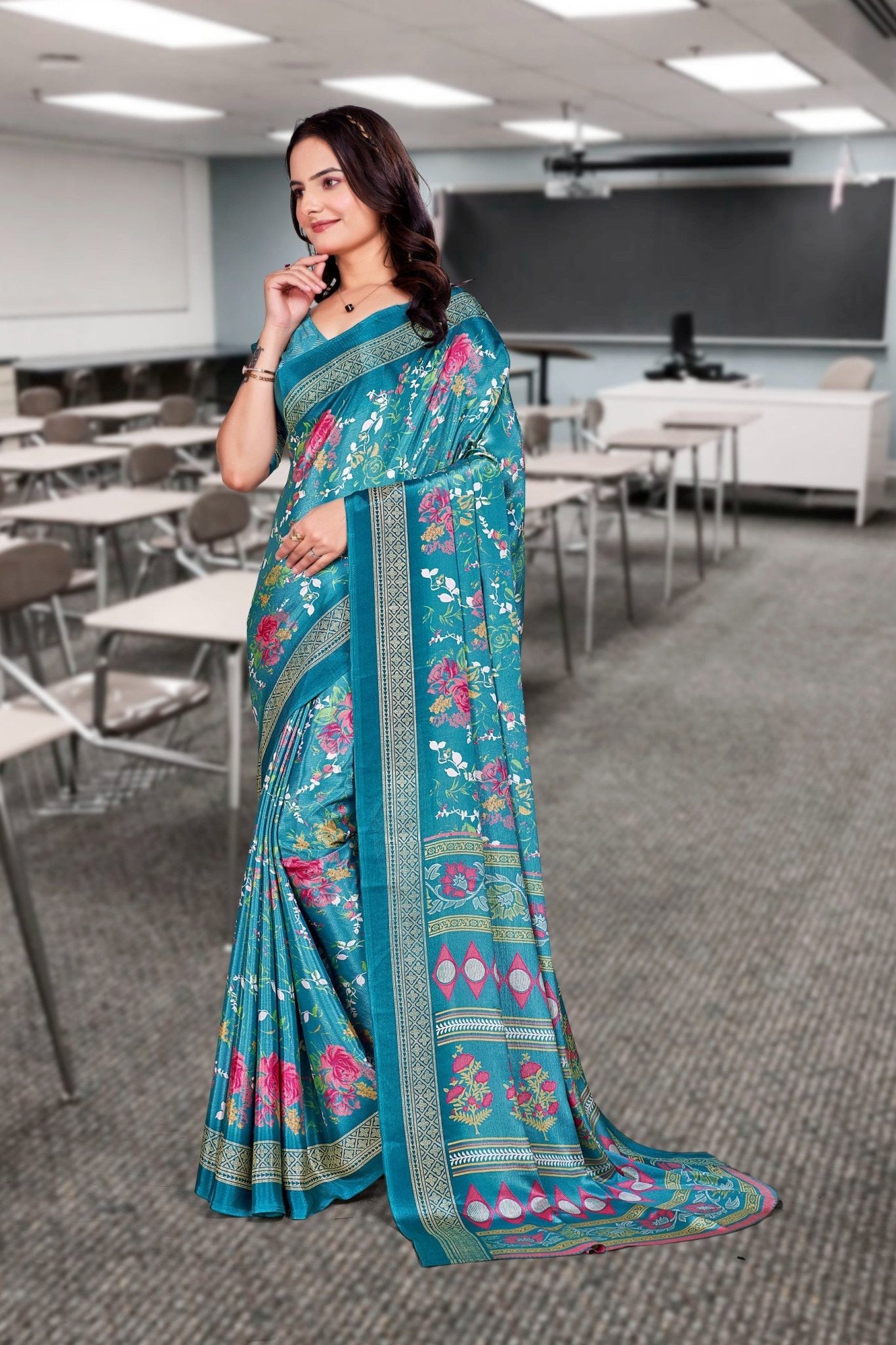 Blue Crepe Professional Office Saree - FeministaCrepe