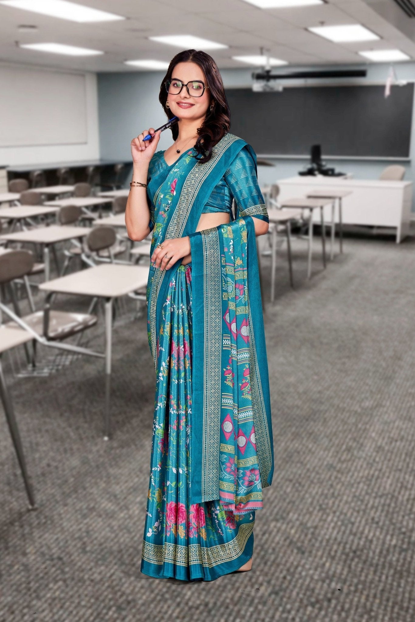 Blue Crepe Professional Office Saree - FeministaCrepe