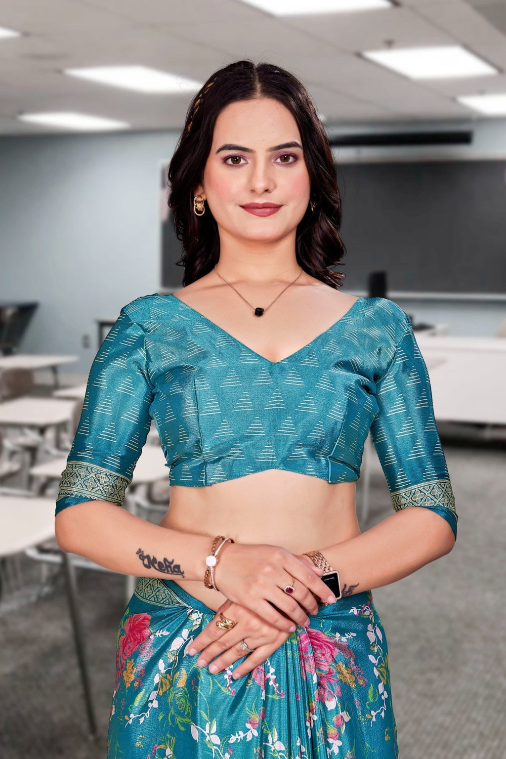 Blue Crepe Professional Office Saree - FeministaCrepe