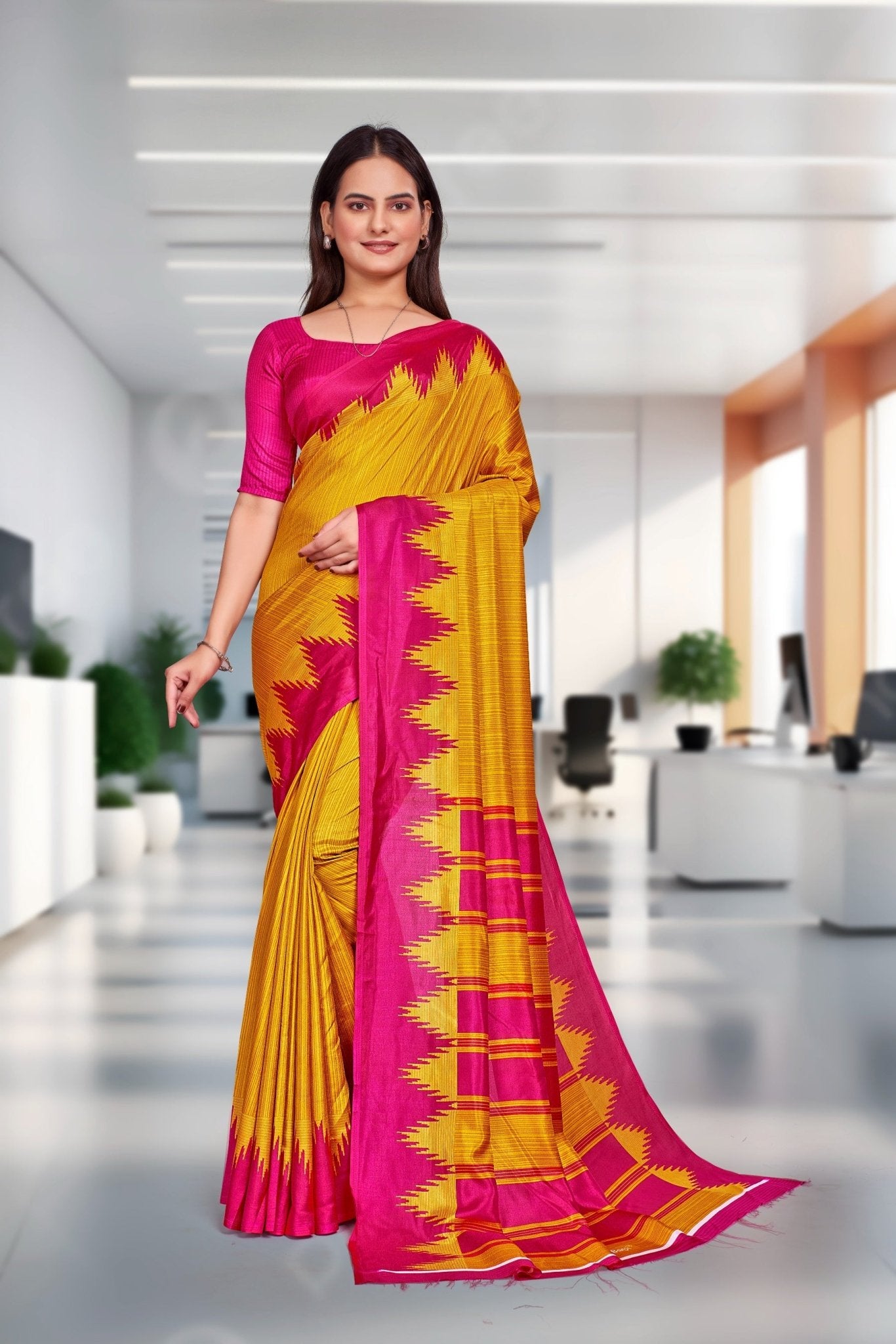Yellow Crepe School Uniform Saree for Teachers - FeministaCrepe