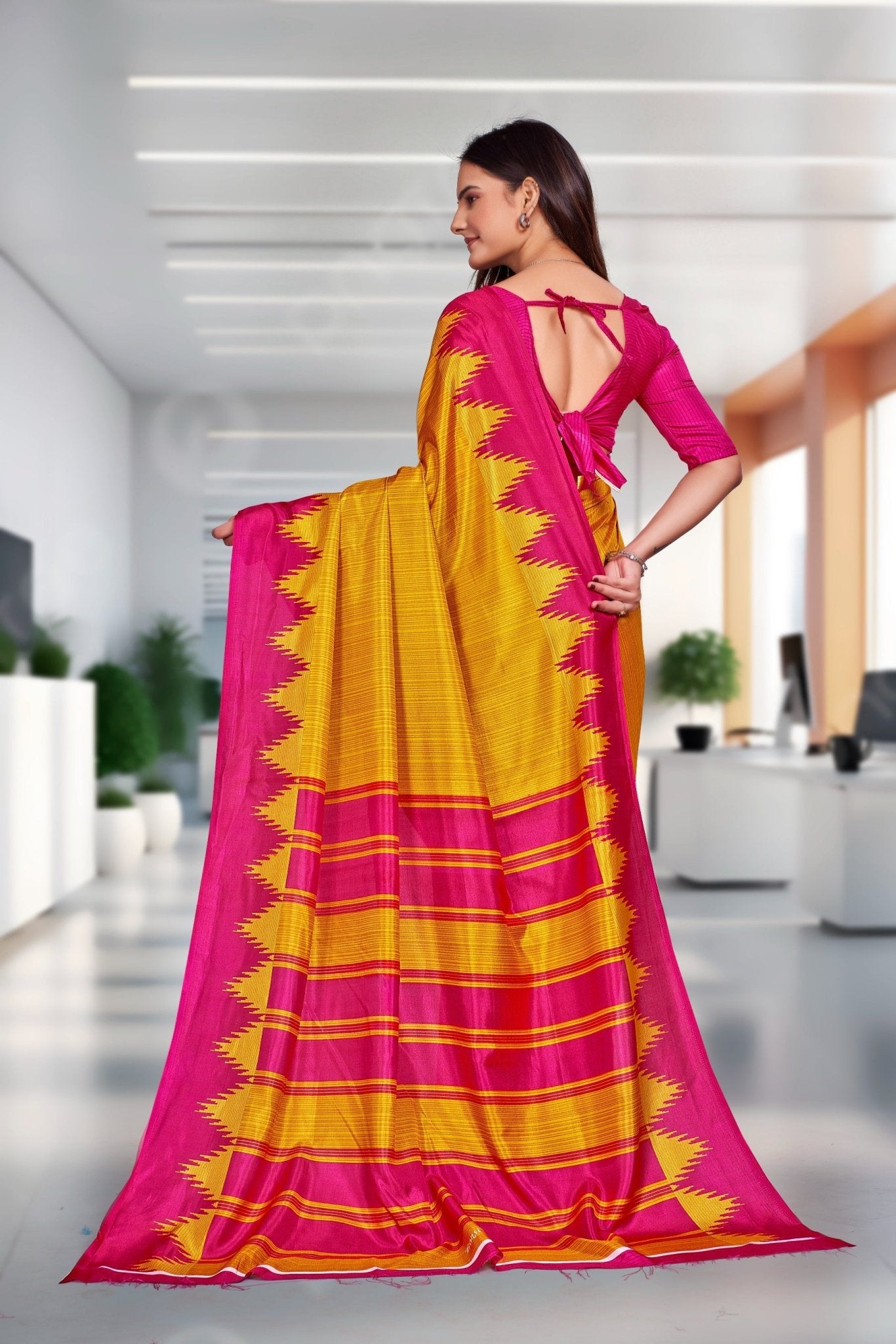 Yellow Crepe School Uniform Saree for Teachers - FeministaCrepe