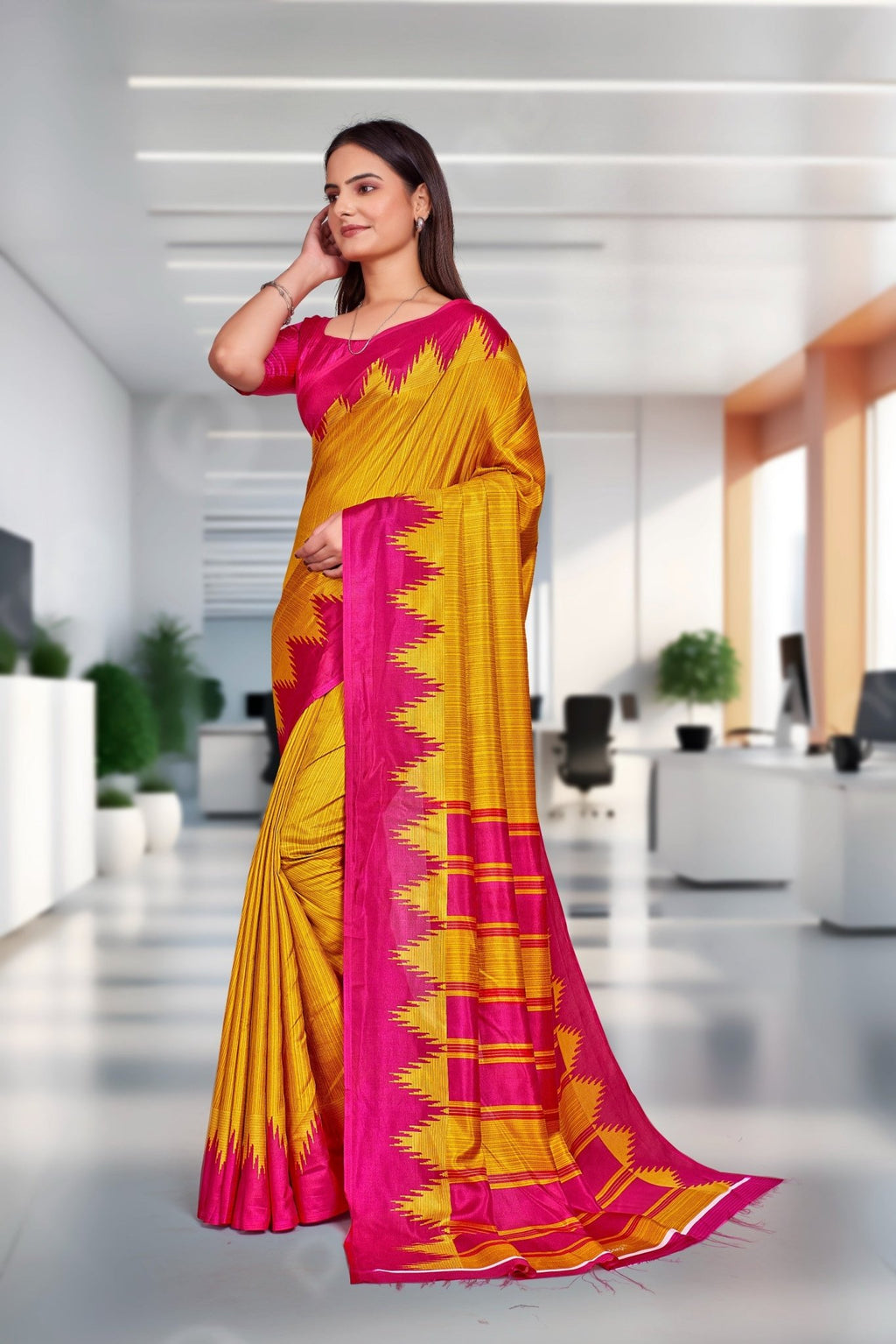 Yellow Crepe School Uniform Saree for Teachers - FeministaCrepe