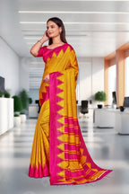 Yellow Crepe School Uniform Saree for Teachers - FeministaCrepe