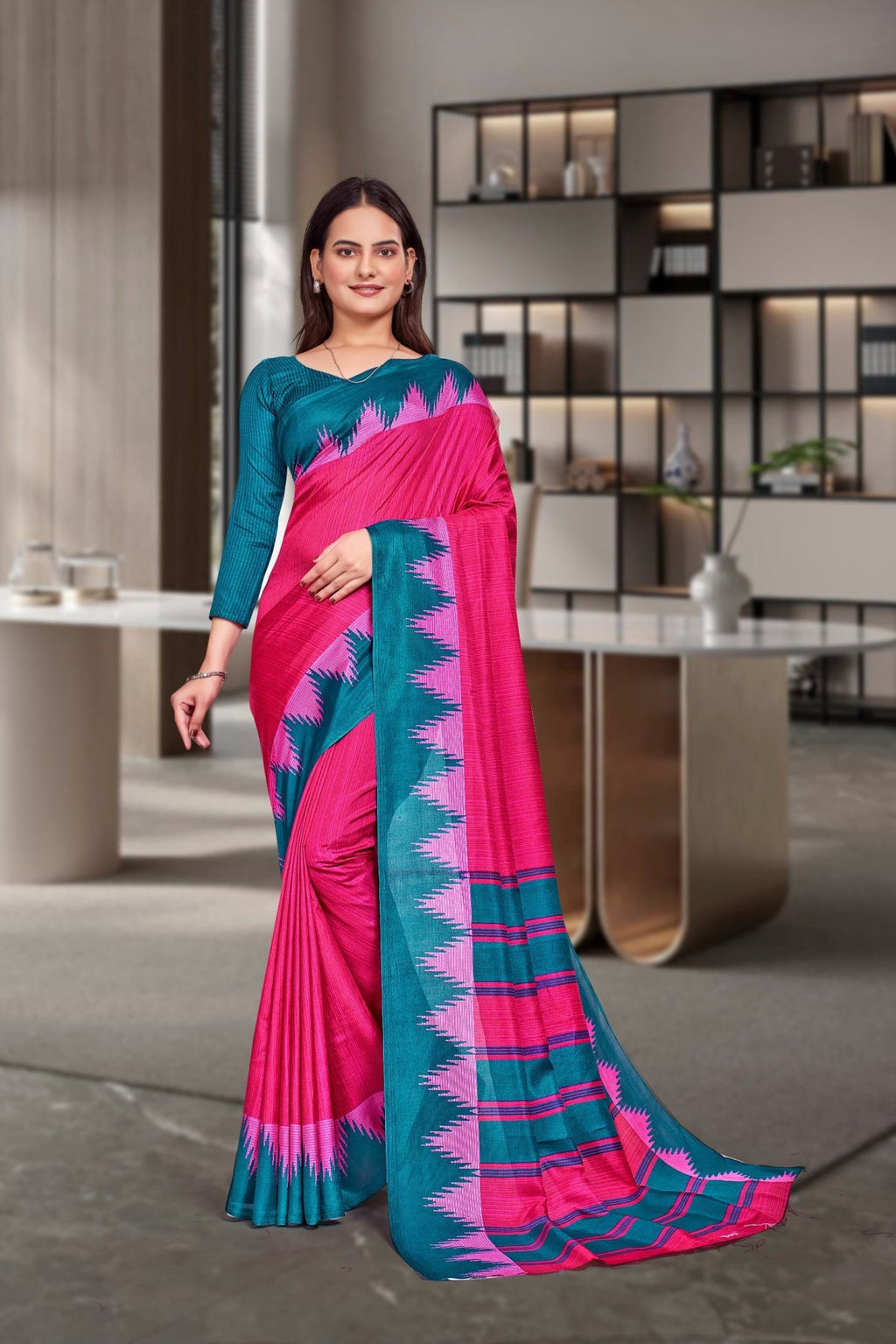 Pink Crepe School Uniform Saree for Teachers - FeministaCrepe
