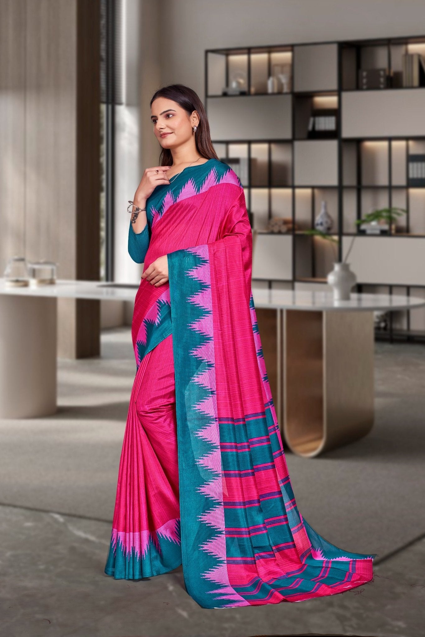 Pink Crepe School Uniform Saree for Teachers - FeministaCrepe