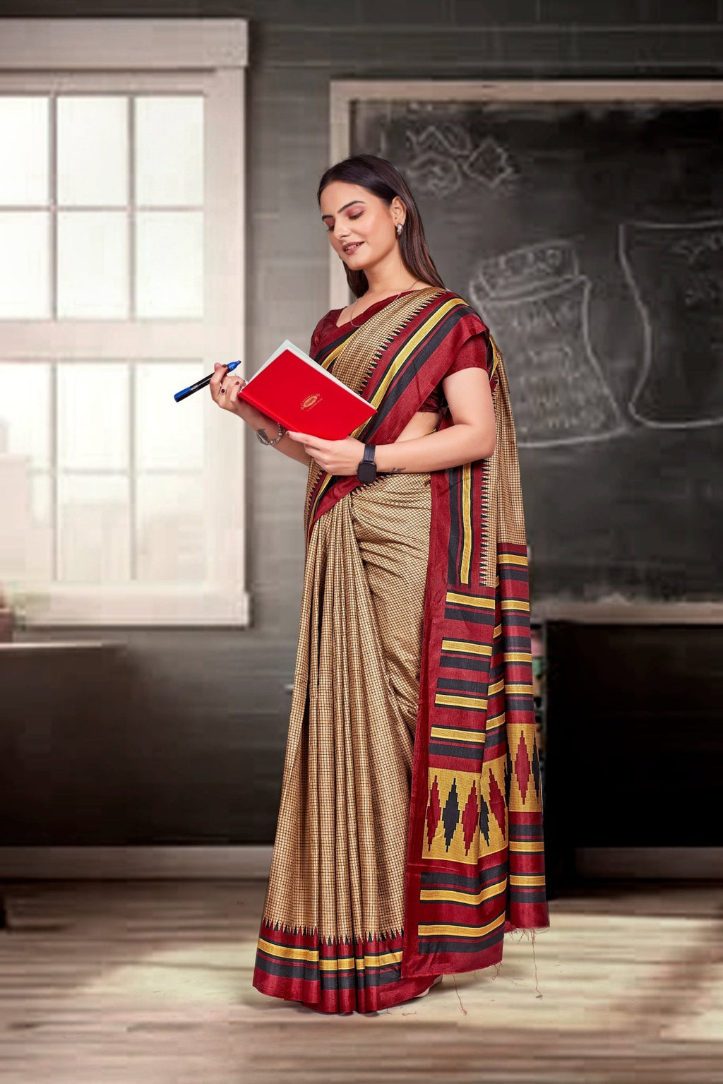Beige Crepe Professional Teacher Saree - FeministaCrepe