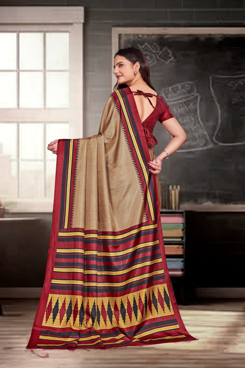 Beige Crepe Professional Teacher Saree - FeministaCrepe