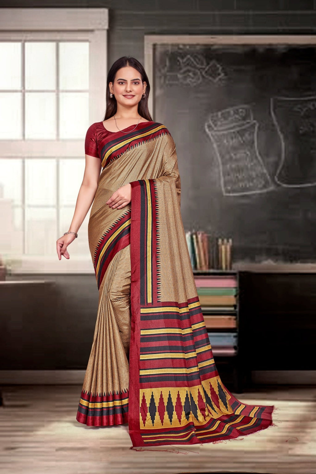 Beige Crepe Professional Teacher Saree - FeministaCrepe