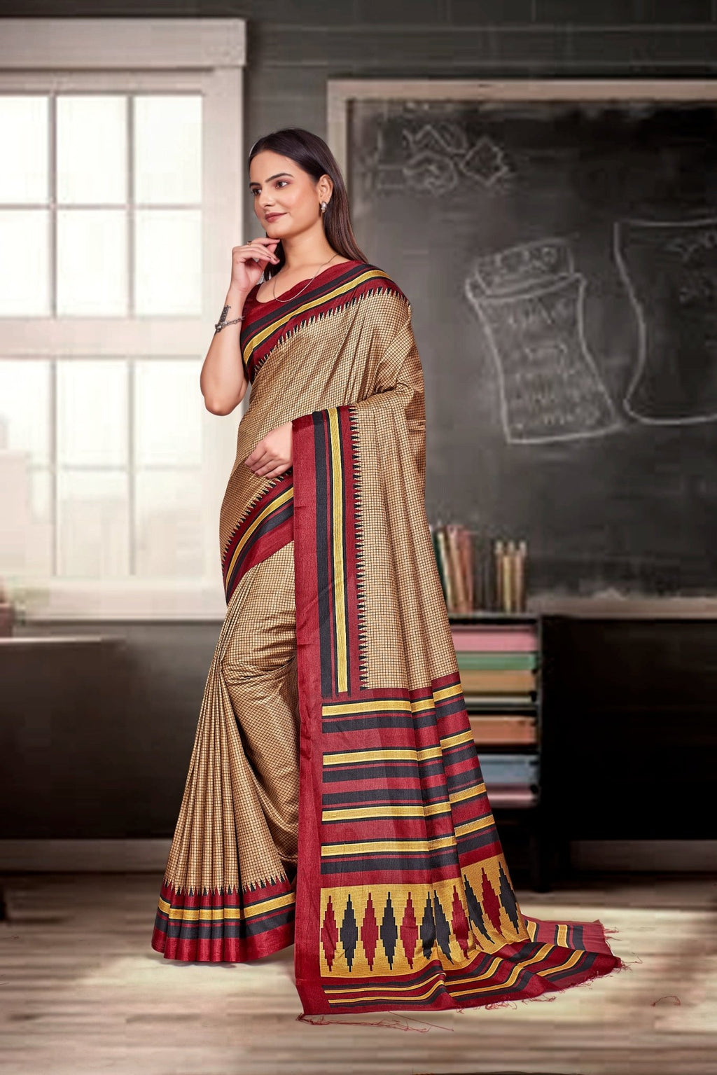 Beige Crepe Professional Teacher Saree - FeministaCrepe