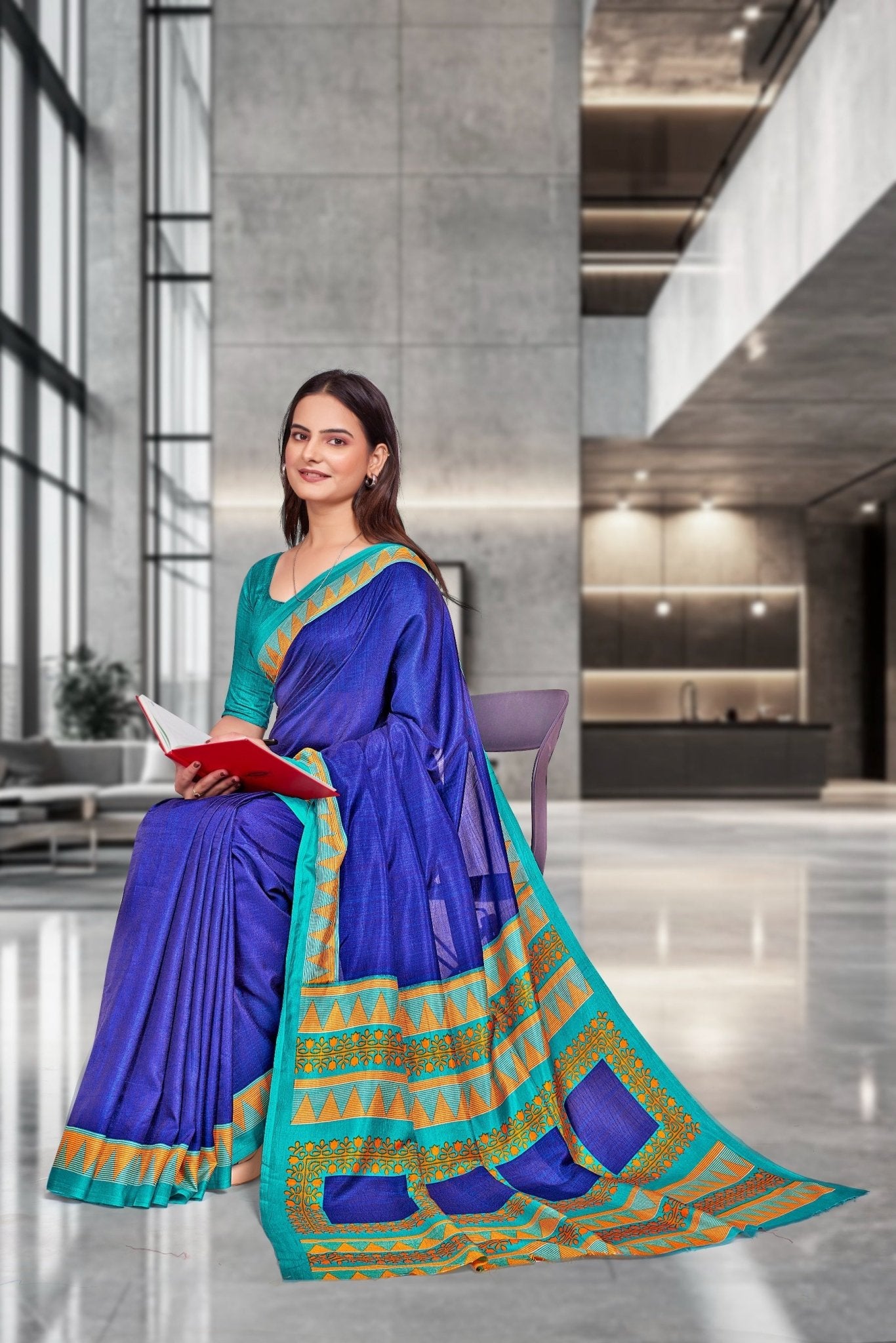 Blue Crepe Receptionist Professional Saree - FeministaCrepe