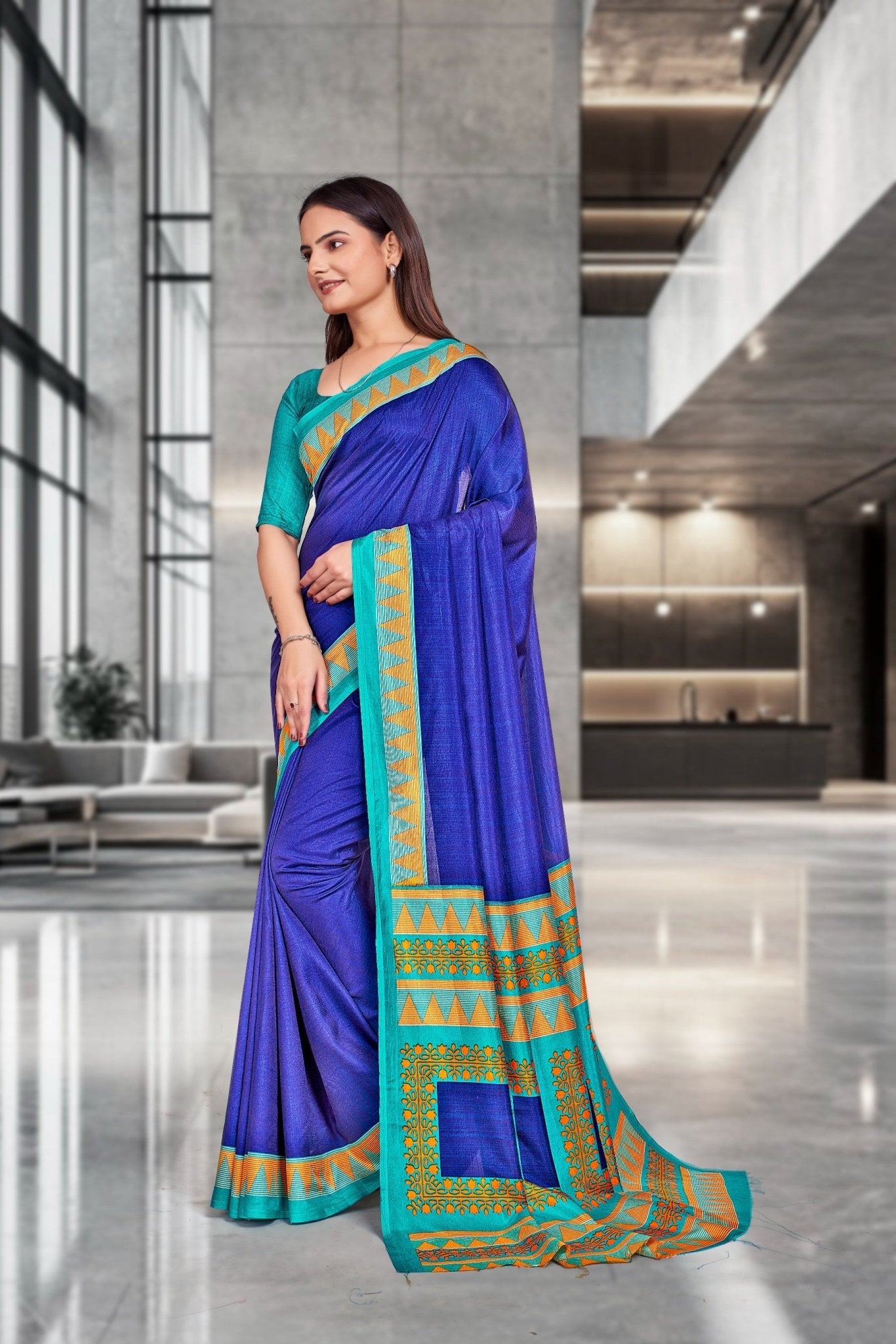 Blue Crepe Receptionist Professional Saree - FeministaCrepe