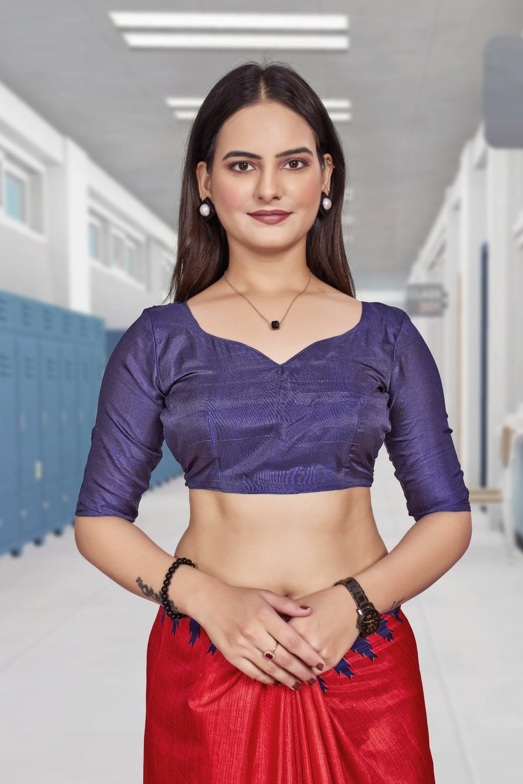 Red Crepe School Uniform Saree for Teachers - FeministaCrepe