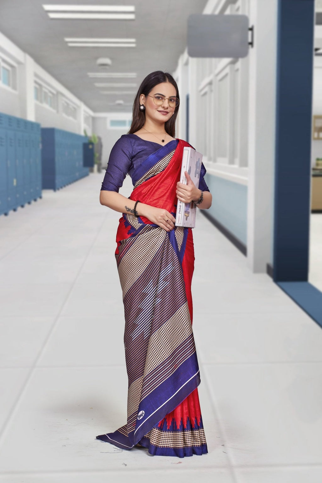 Red Crepe School Uniform Saree for Teachers - FeministaCrepe