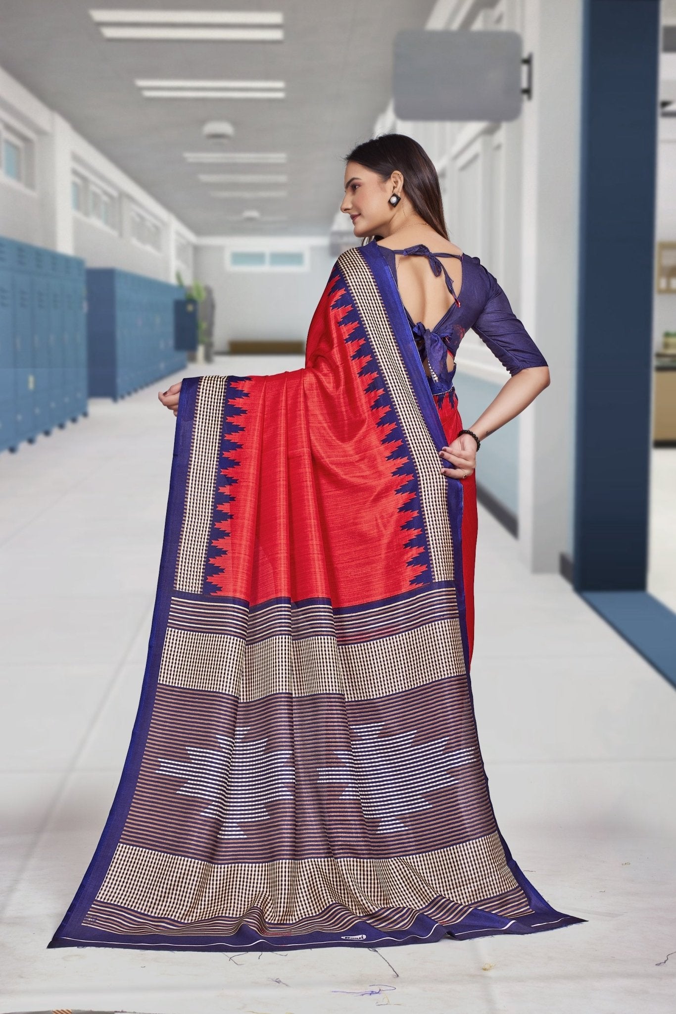 Red Crepe School Uniform Saree for Teachers - FeministaCrepe