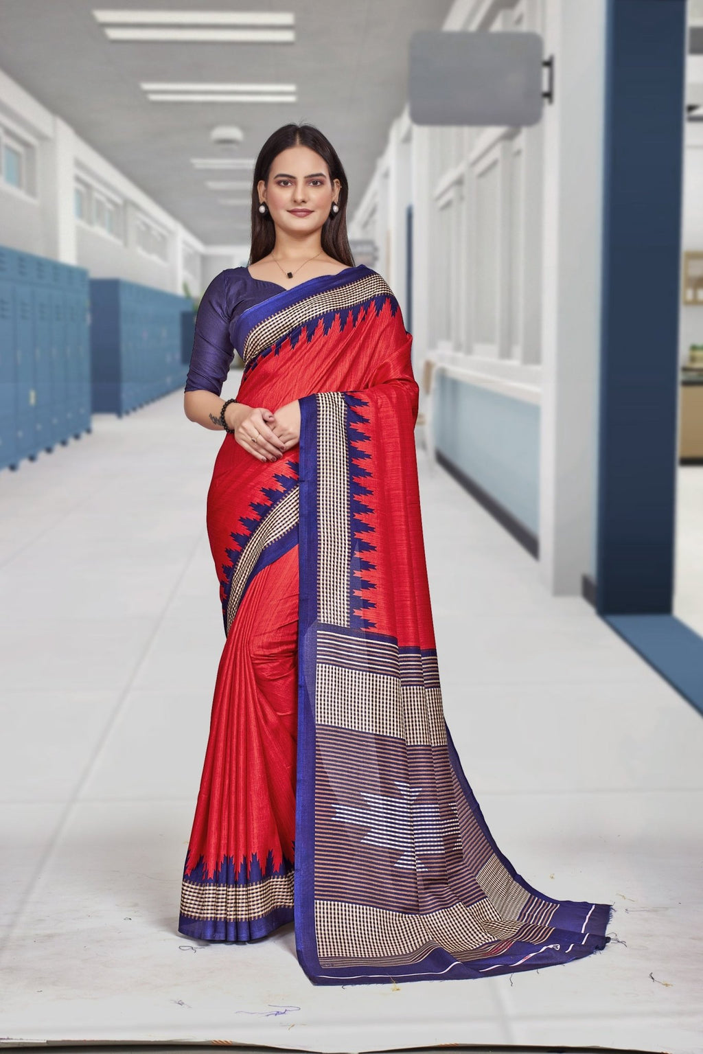 Red Crepe School Uniform Saree for Teachers - FeministaCrepe