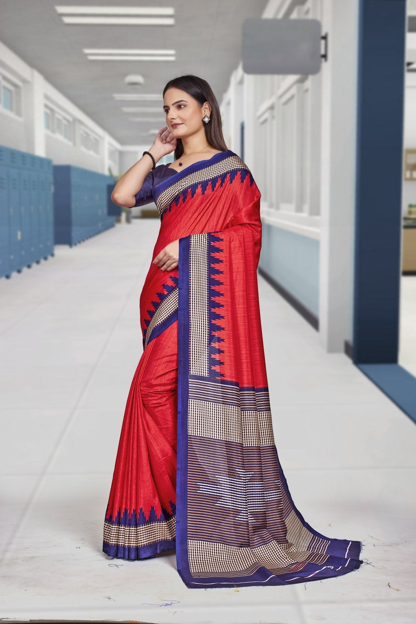 Red Crepe School Uniform Saree for Teachers - FeministaCrepe