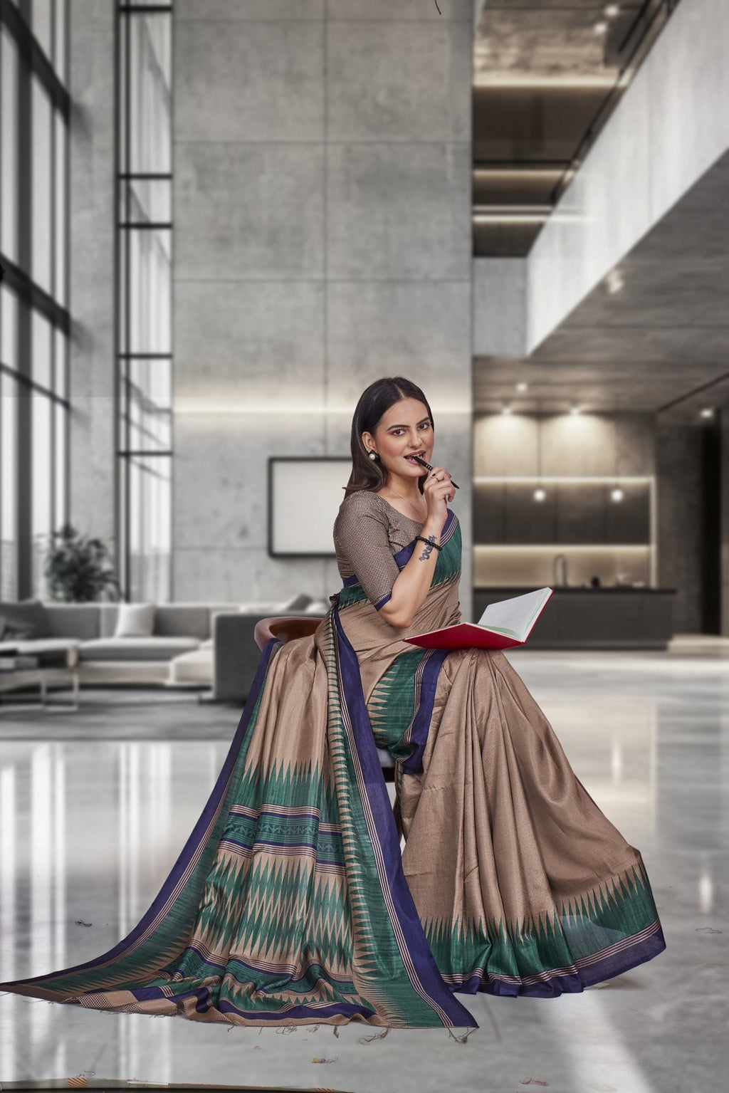 Multicolor Crepe Work Wear Saree for Teachers - FeministaCrepe
