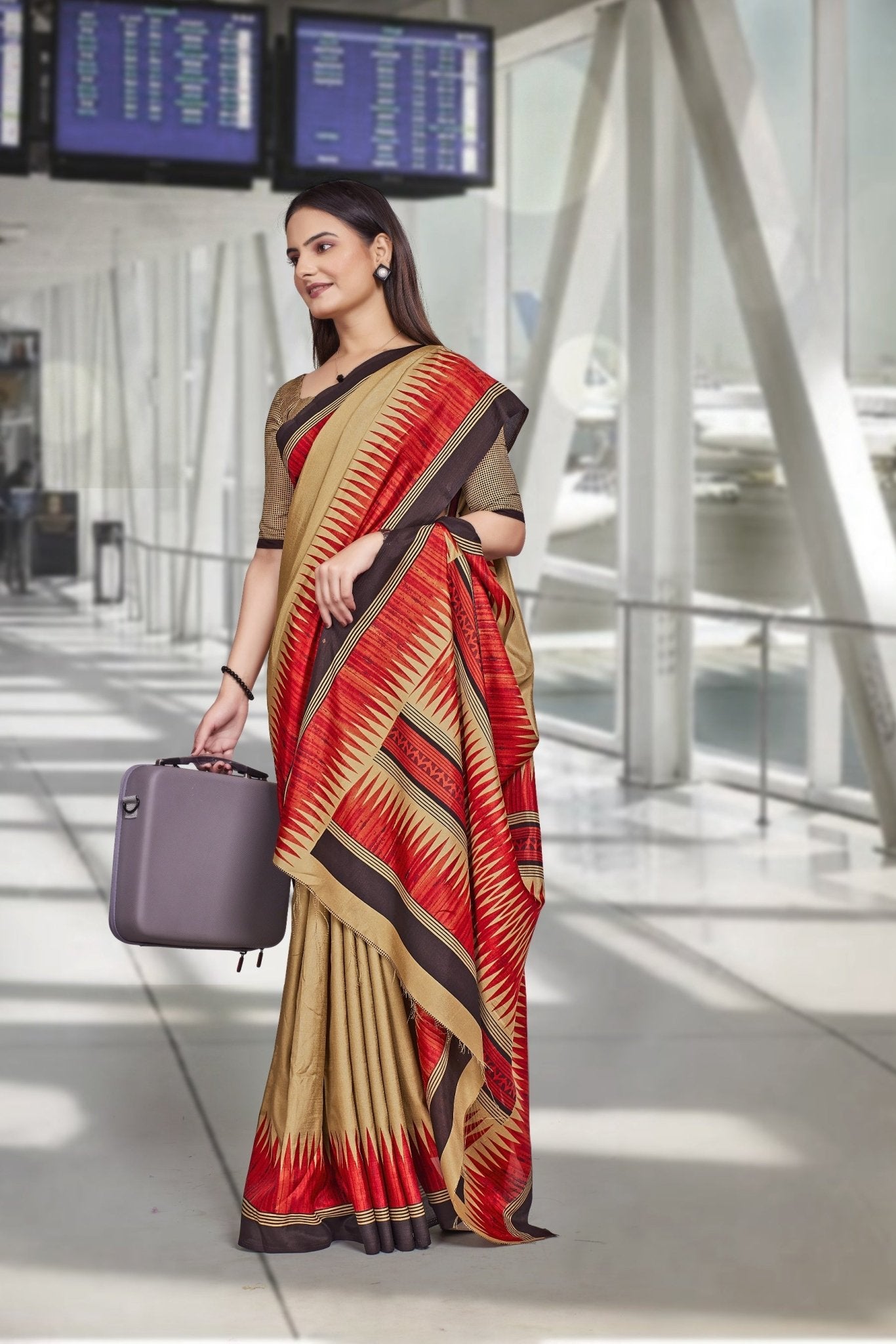 Red Crepe Workplace Uniform Saree - FeministaCrepe