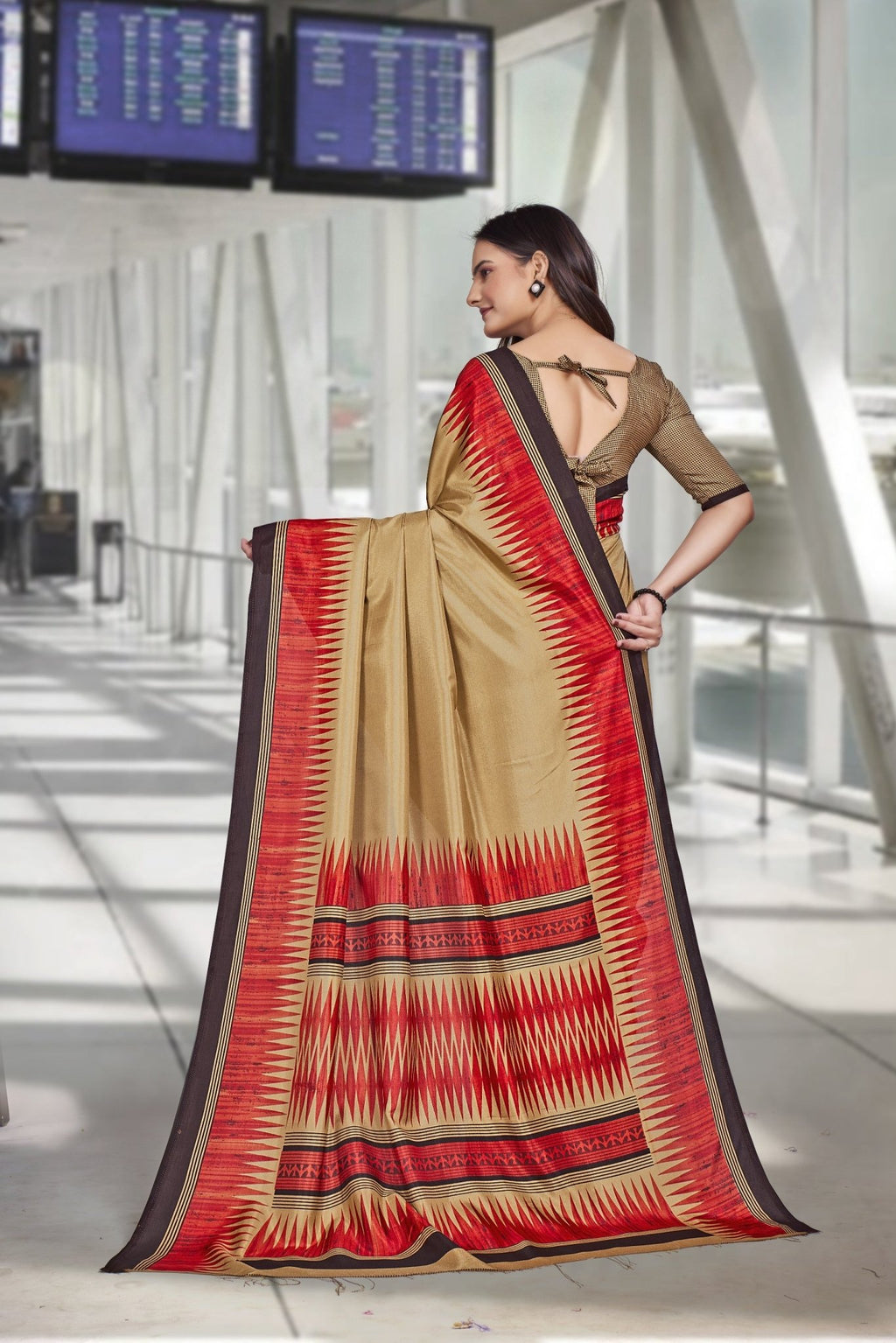 Red Crepe Workplace Uniform Saree - FeministaCrepe