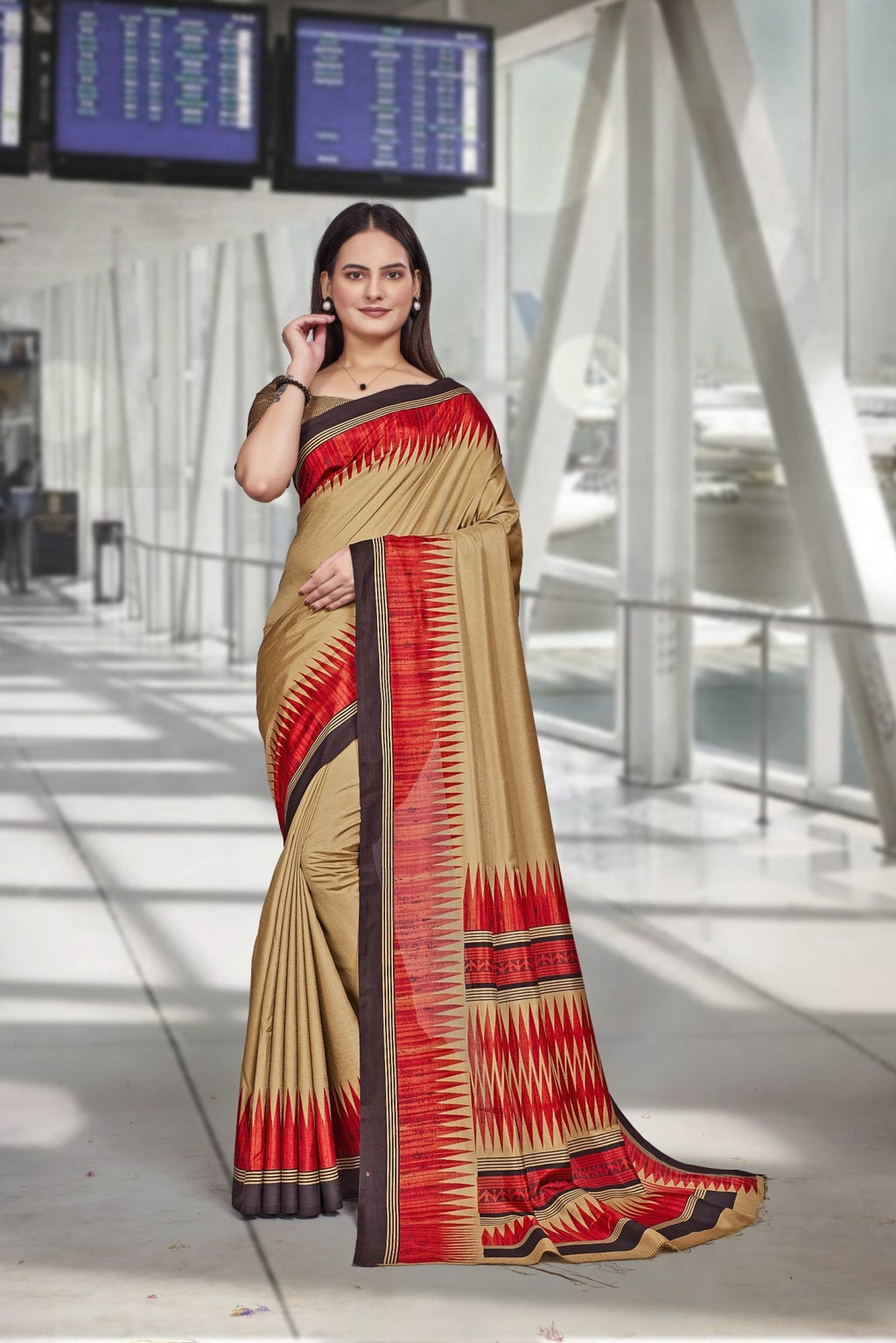 Red Crepe Workplace Uniform Saree - FeministaCrepe