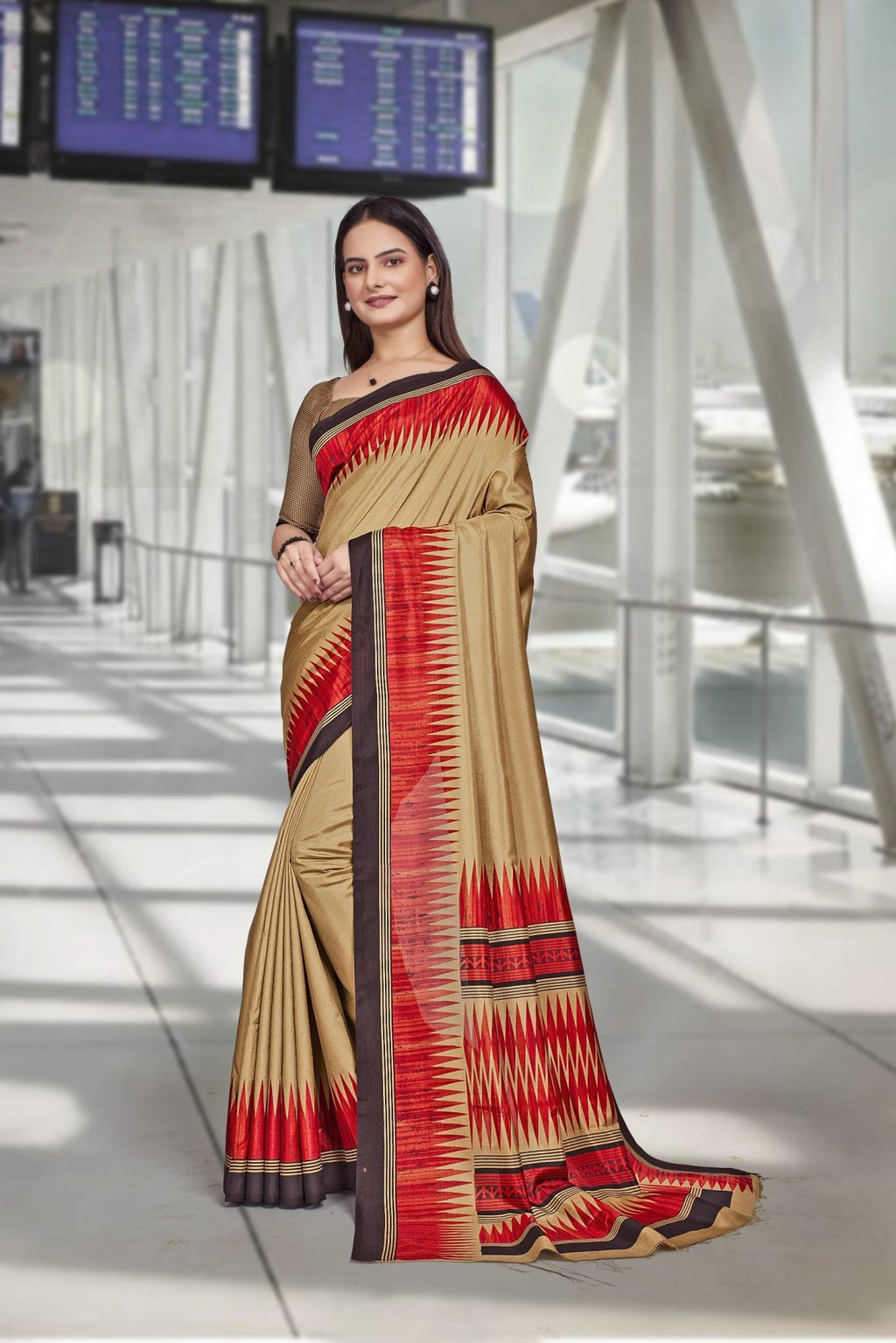 Red Crepe Workplace Uniform Saree - FeministaCrepe