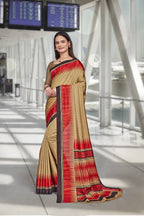 Red Crepe Workplace Uniform Saree - FeministaCrepe