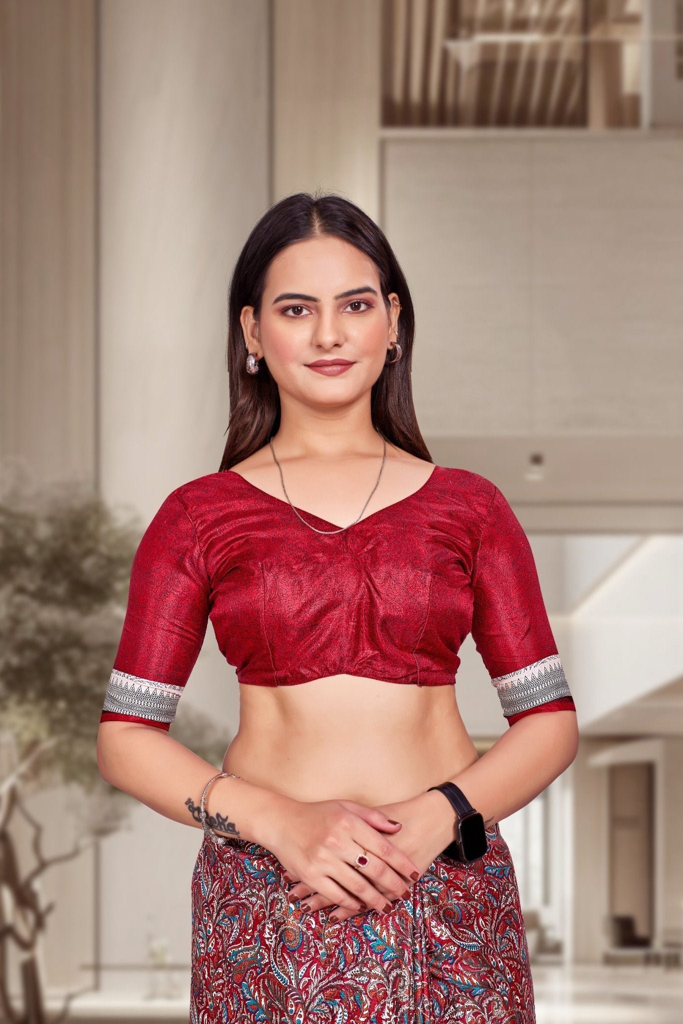 Red Crepe Professional Teacher Saree - FeministaCrepe