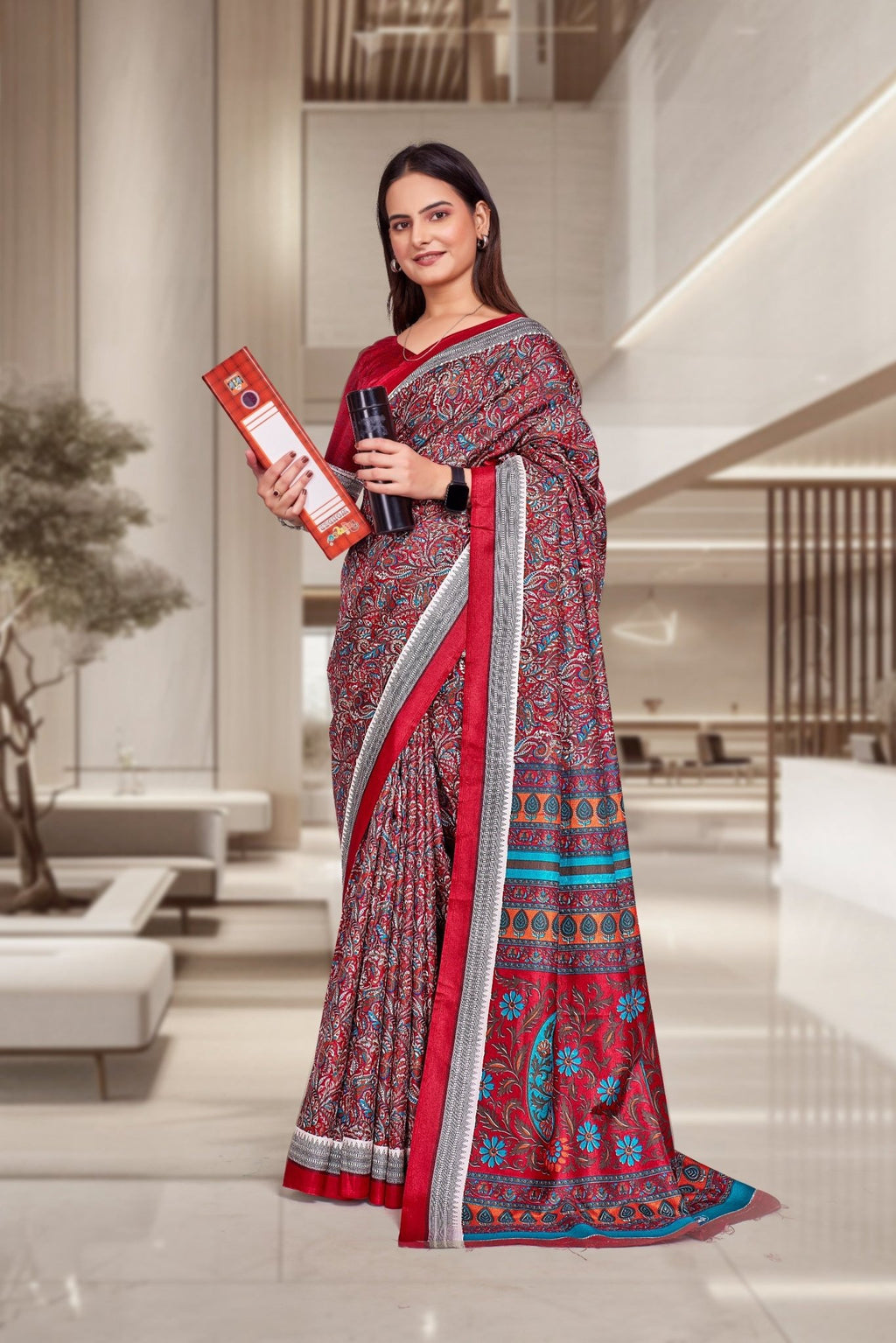Red Crepe Professional Teacher Saree - FeministaCrepe