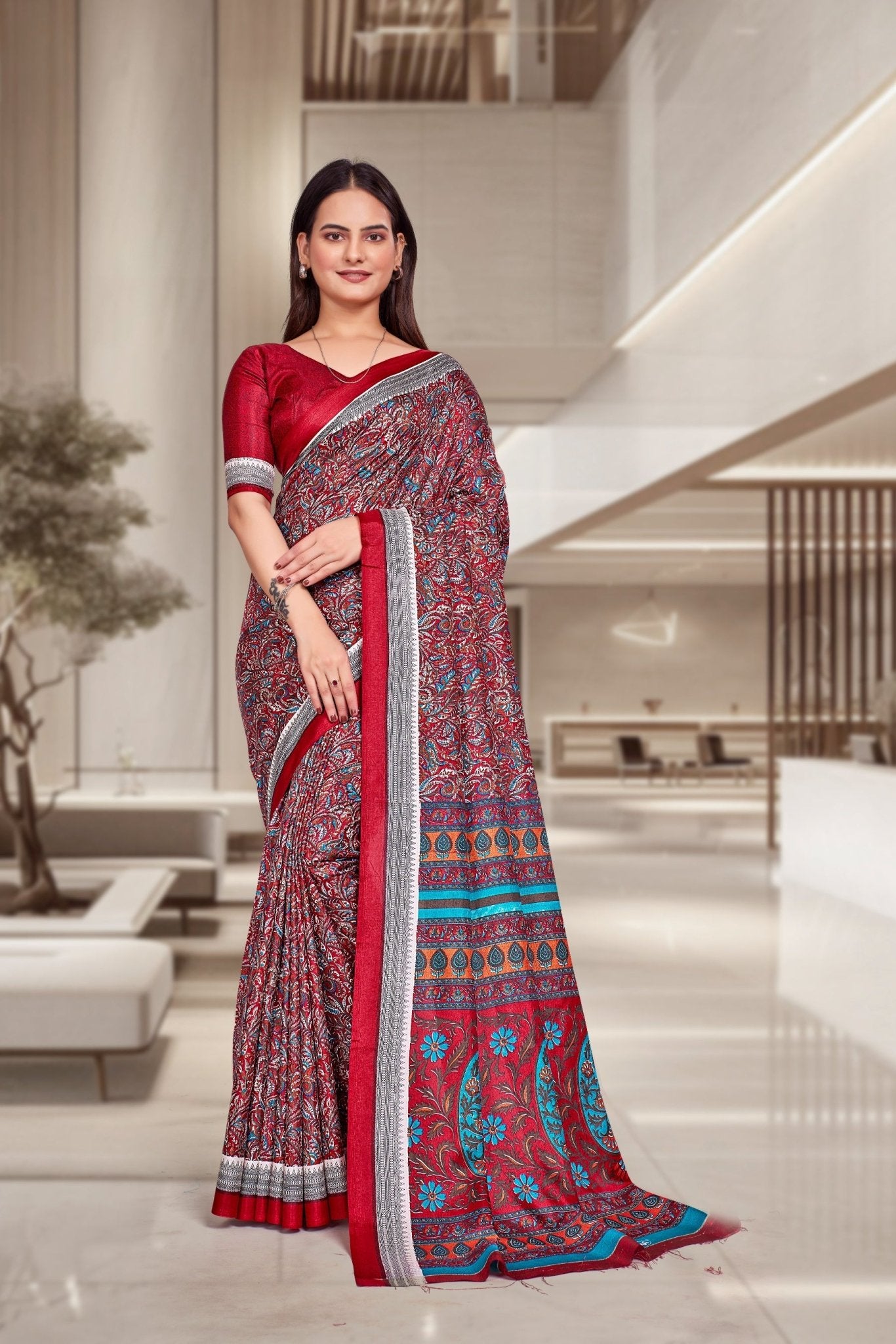 Red Crepe Professional Teacher Saree - FeministaCrepe