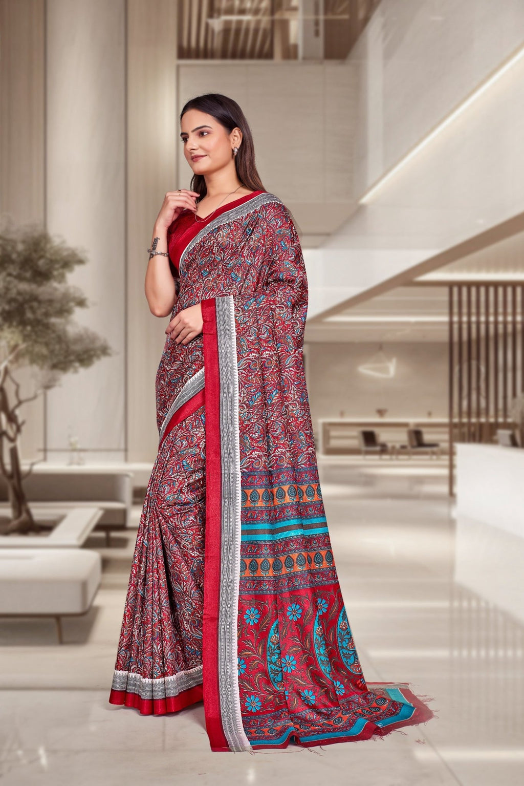 Red Crepe Professional Teacher Saree - FeministaCrepe