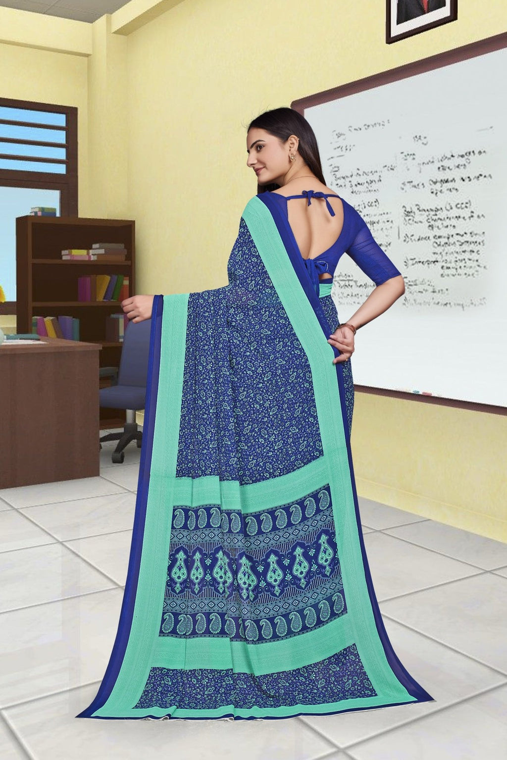 Blue Georgette Workplace Uniform Saree - FeministaGeorgette