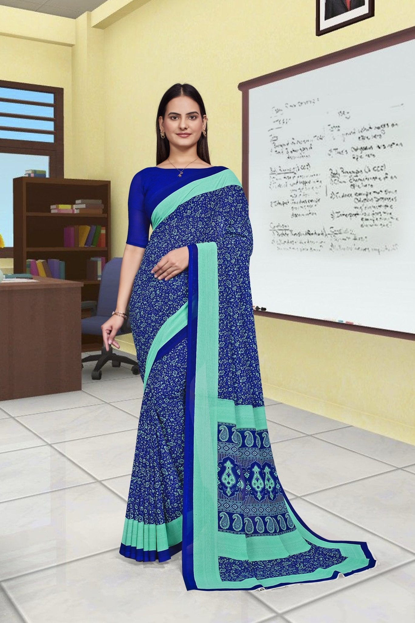 Blue Georgette Workplace Uniform Saree - FeministaGeorgette