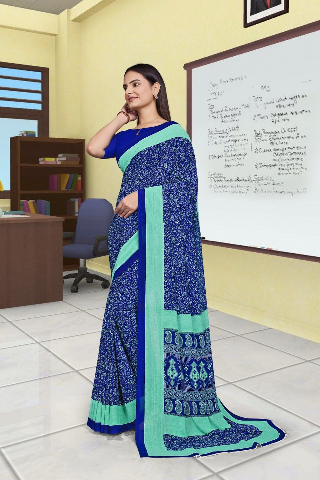 Blue Georgette Workplace Uniform Saree - FeministaGeorgette