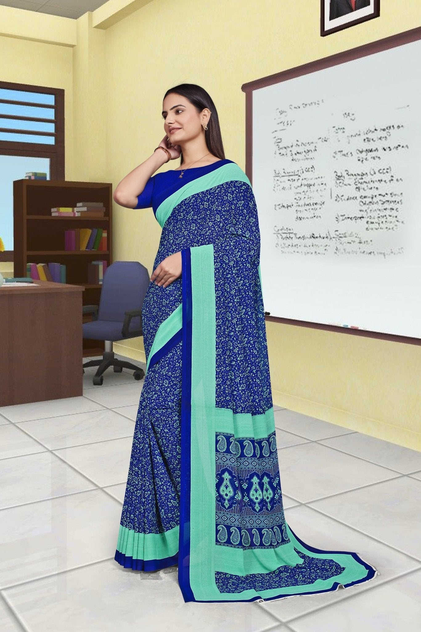 Blue Georgette Workplace Uniform Saree - FeministaGeorgette